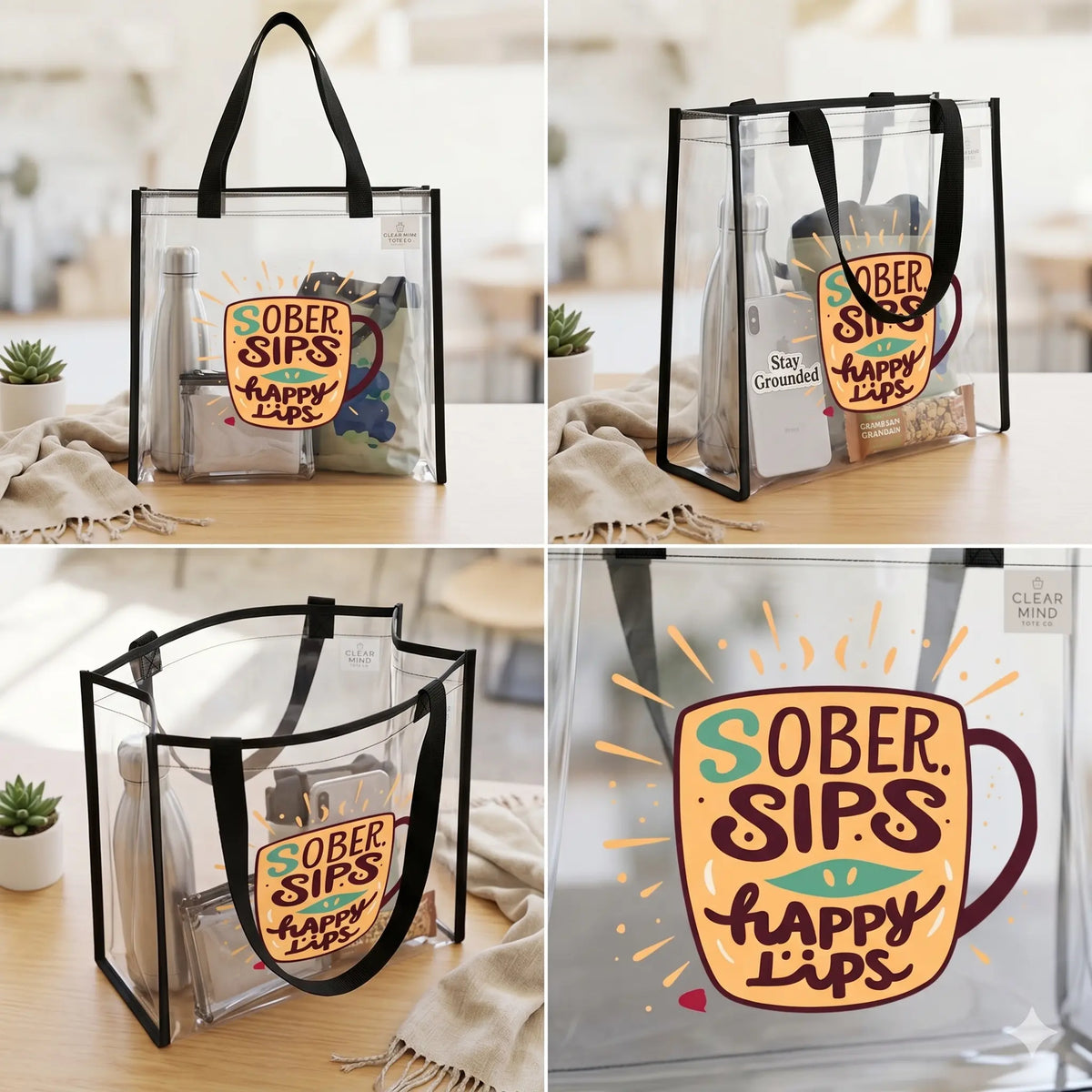 Clear Stadium Tote — "Sober Vibes Only / Sober Sips, Happy Lips" Transparent Tote - SoberSips Printify