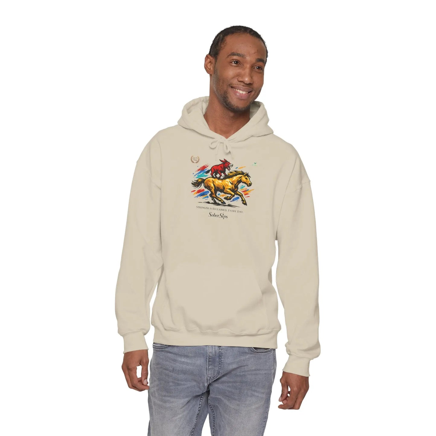 Horse Rider Graphic Hoodie — "SoberSips, Happy Lips" Coffee Backprint Printify