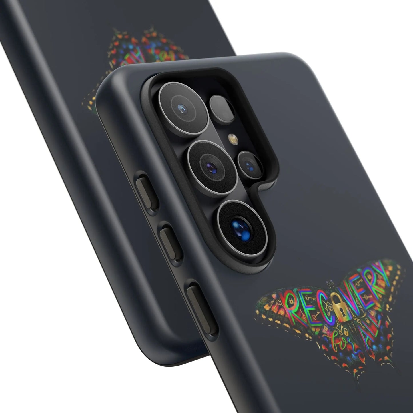 Black phone case with colorful 'RECONQUER' design on a white background