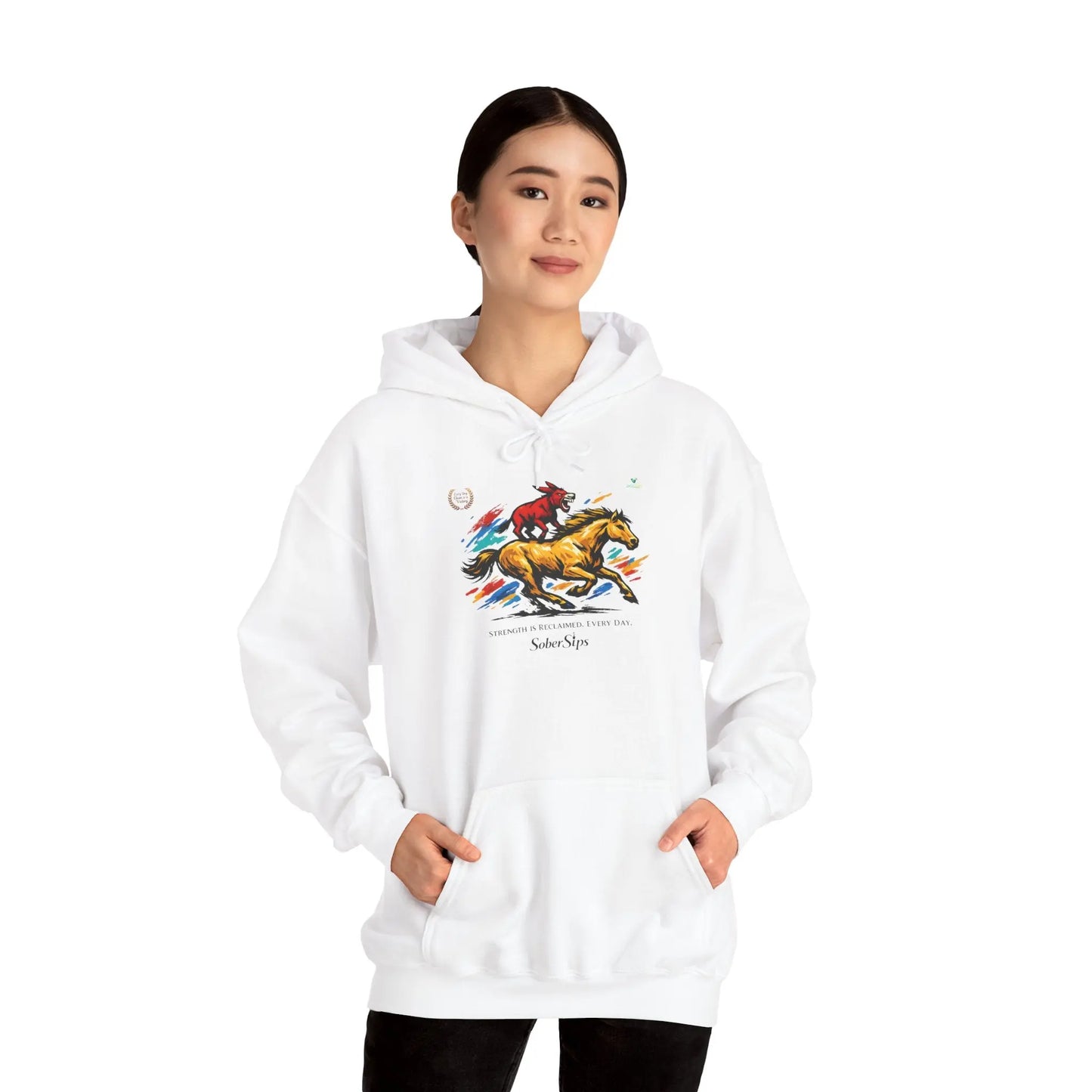 Horse Rider Graphic Hoodie — "SoberSips, Happy Lips" Coffee Backprint Printify