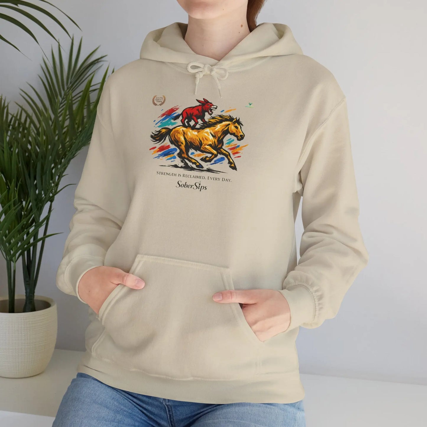 Horse Rider Graphic Hoodie — "SoberSips, Happy Lips" Coffee Backprint Printify