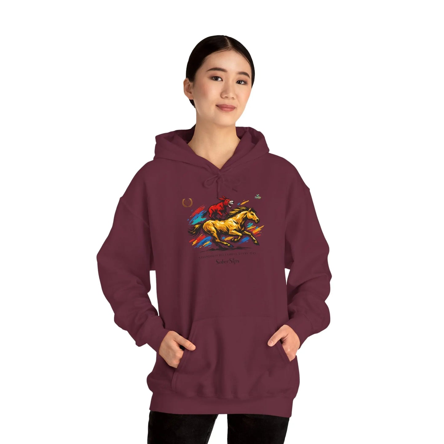 Horse Rider Graphic Hoodie — "SoberSips, Happy Lips" Coffee Backprint Printify