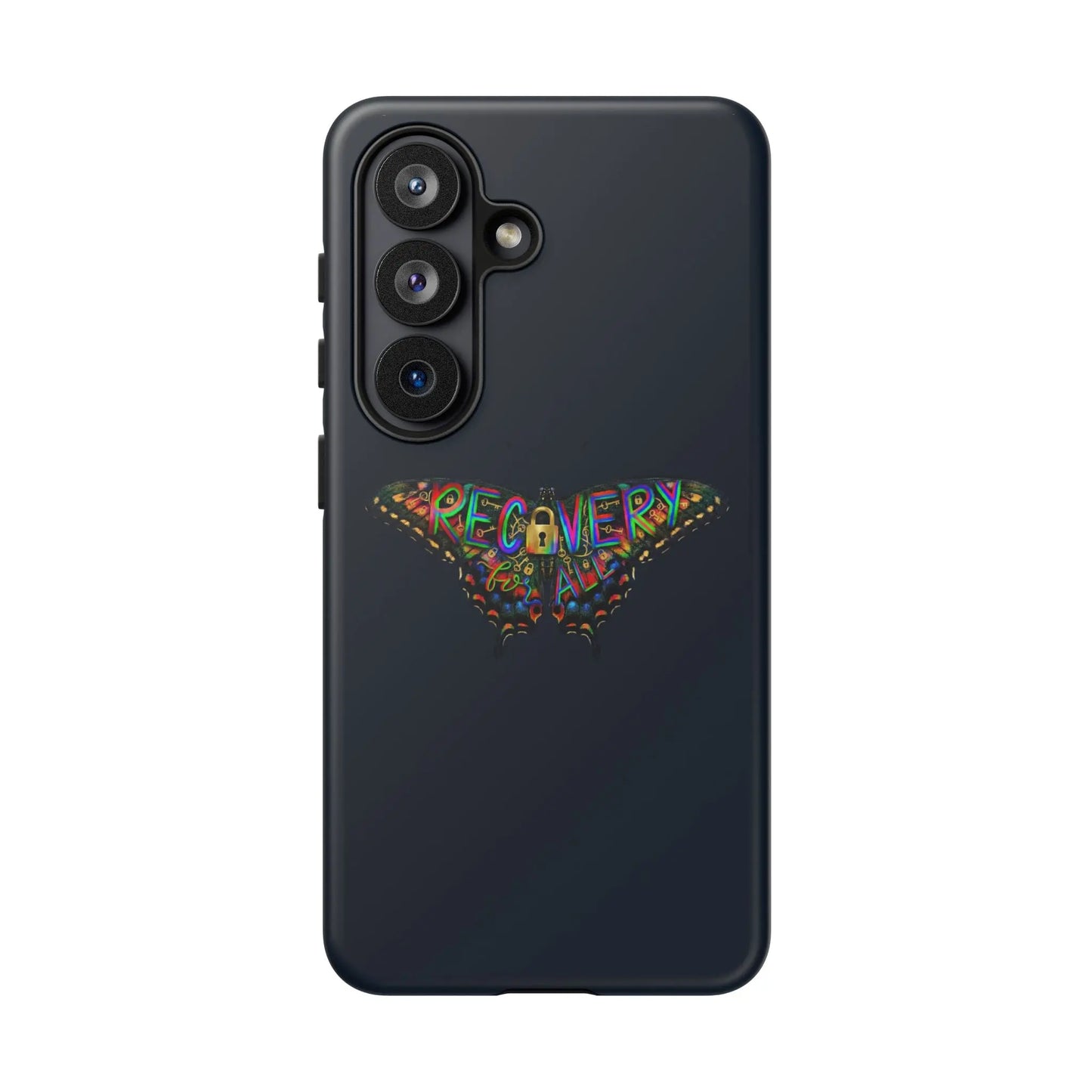Black phone case with colorful 'RECOVERY' design on a white background