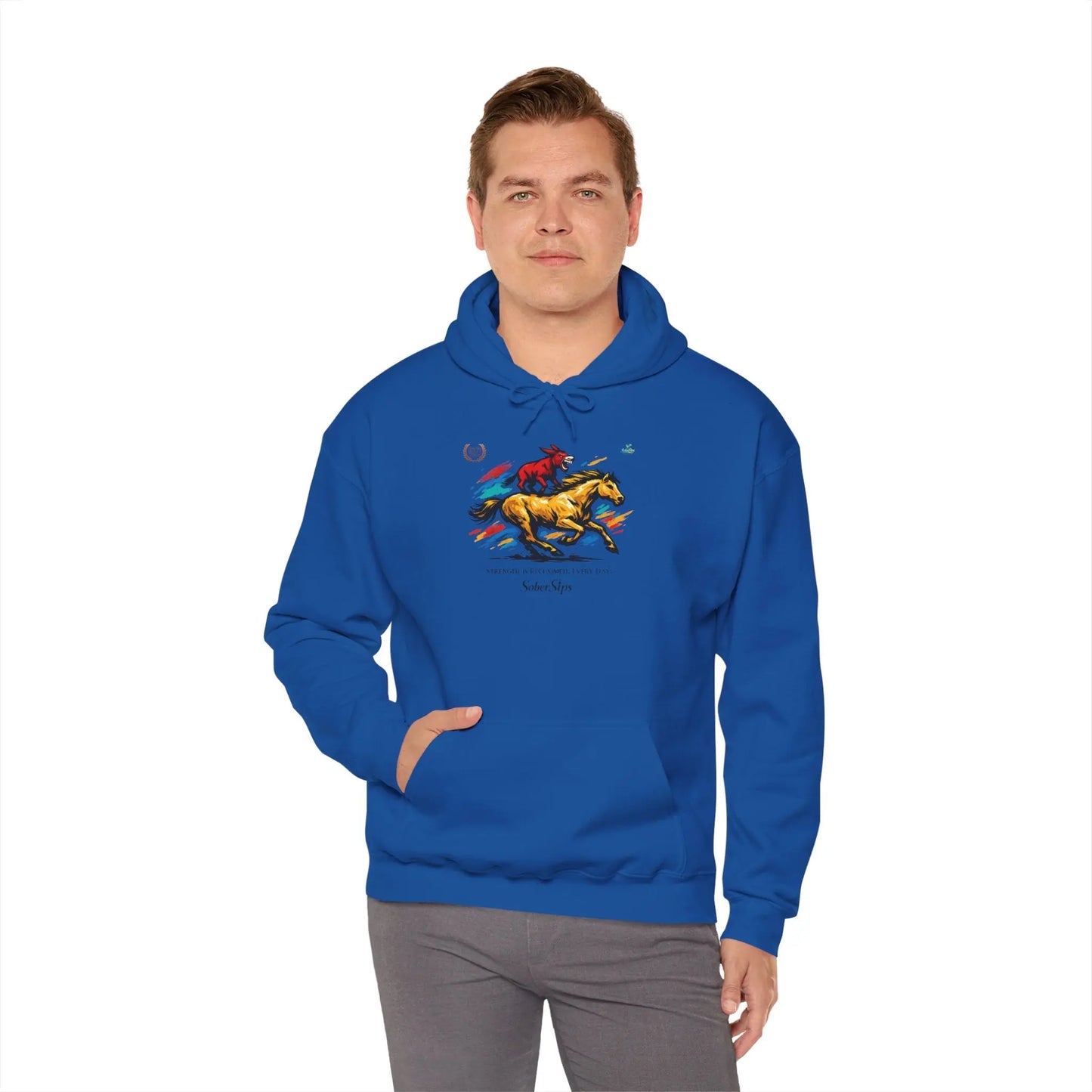 Horse Rider Graphic Hoodie — "SoberSips, Happy Lips" Coffee Backprint Printify