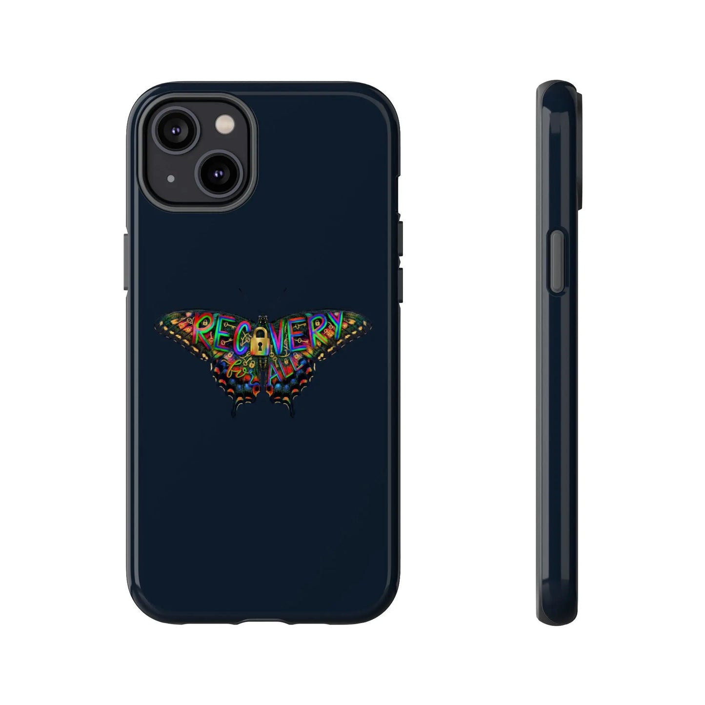 Phone case with colorful 'PECANERY' design on a black background