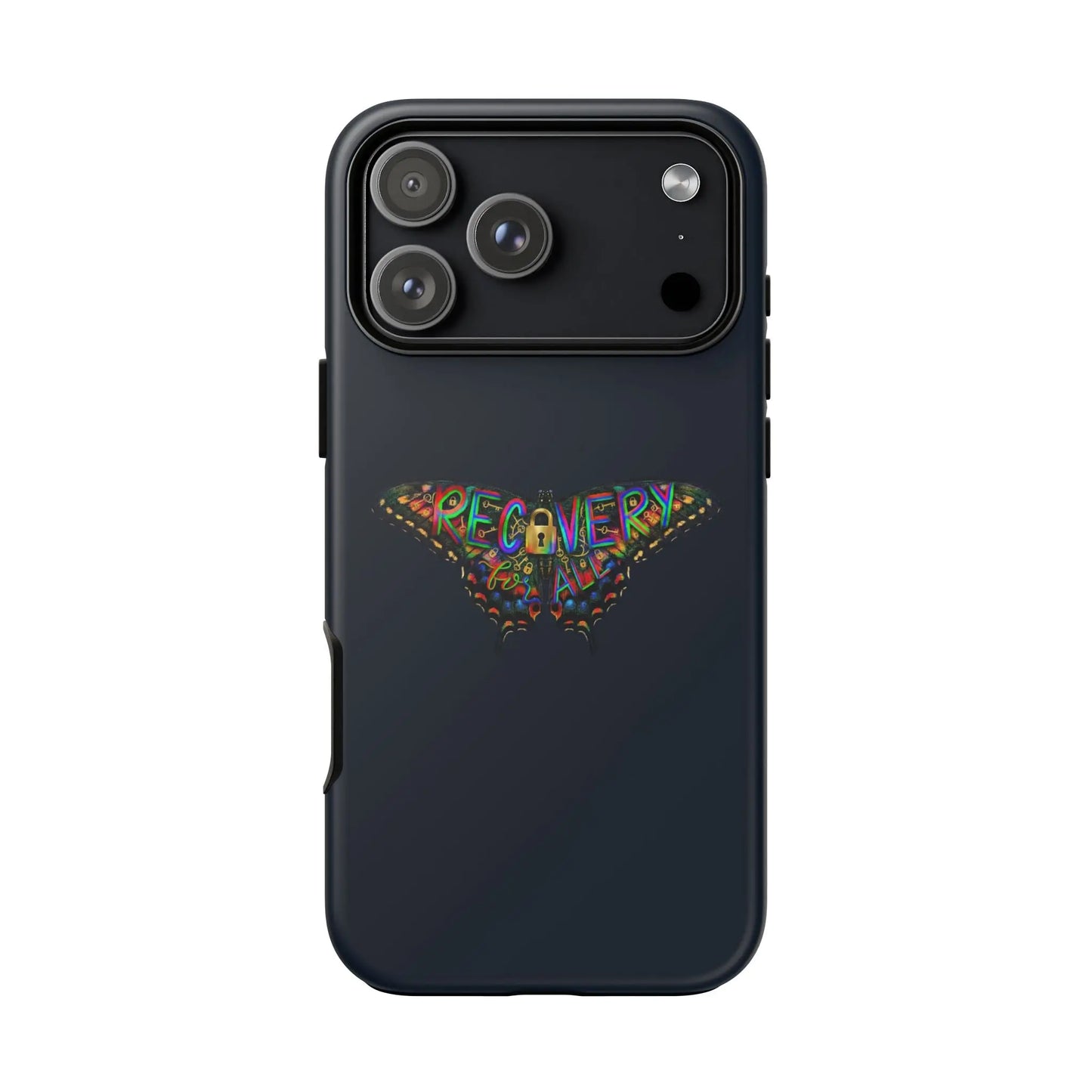 Black phone case with colorful 'RECOVERY' design on a white background