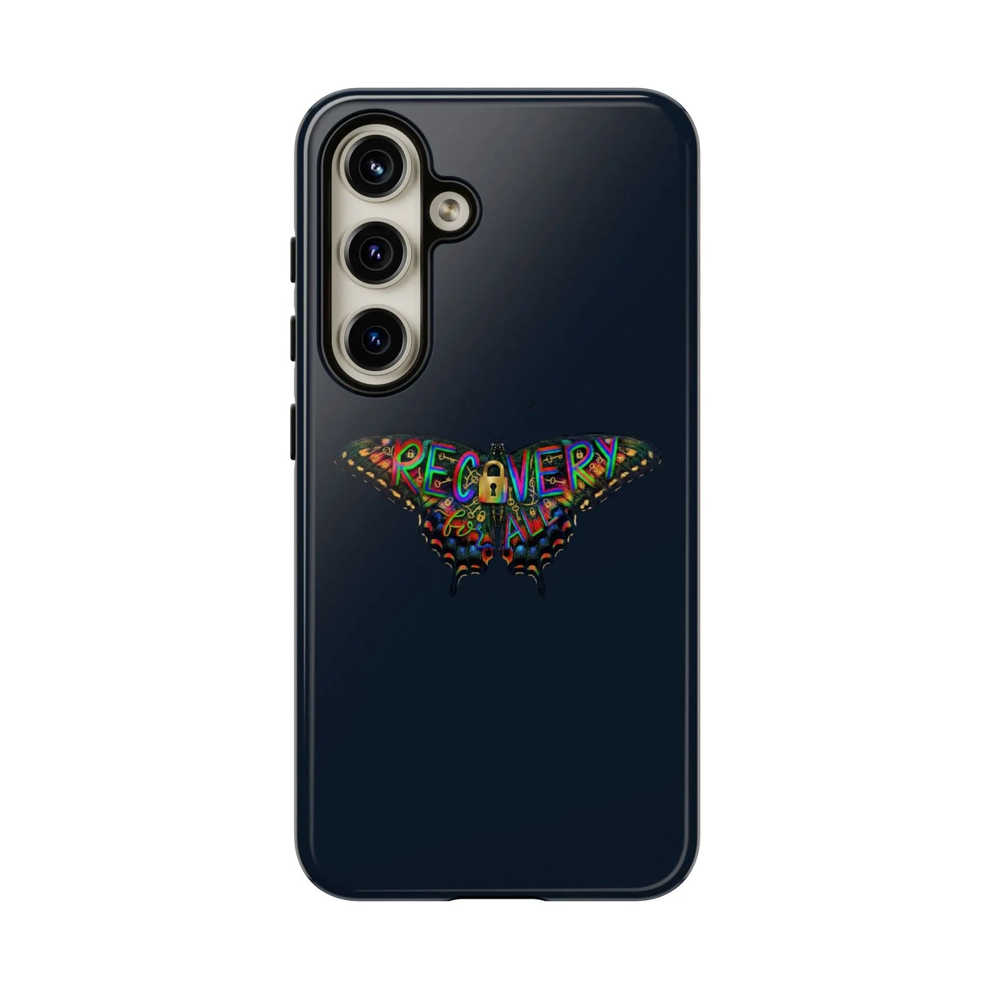 Phone case with colorful 'Recovery' design on Imperial Navy Background