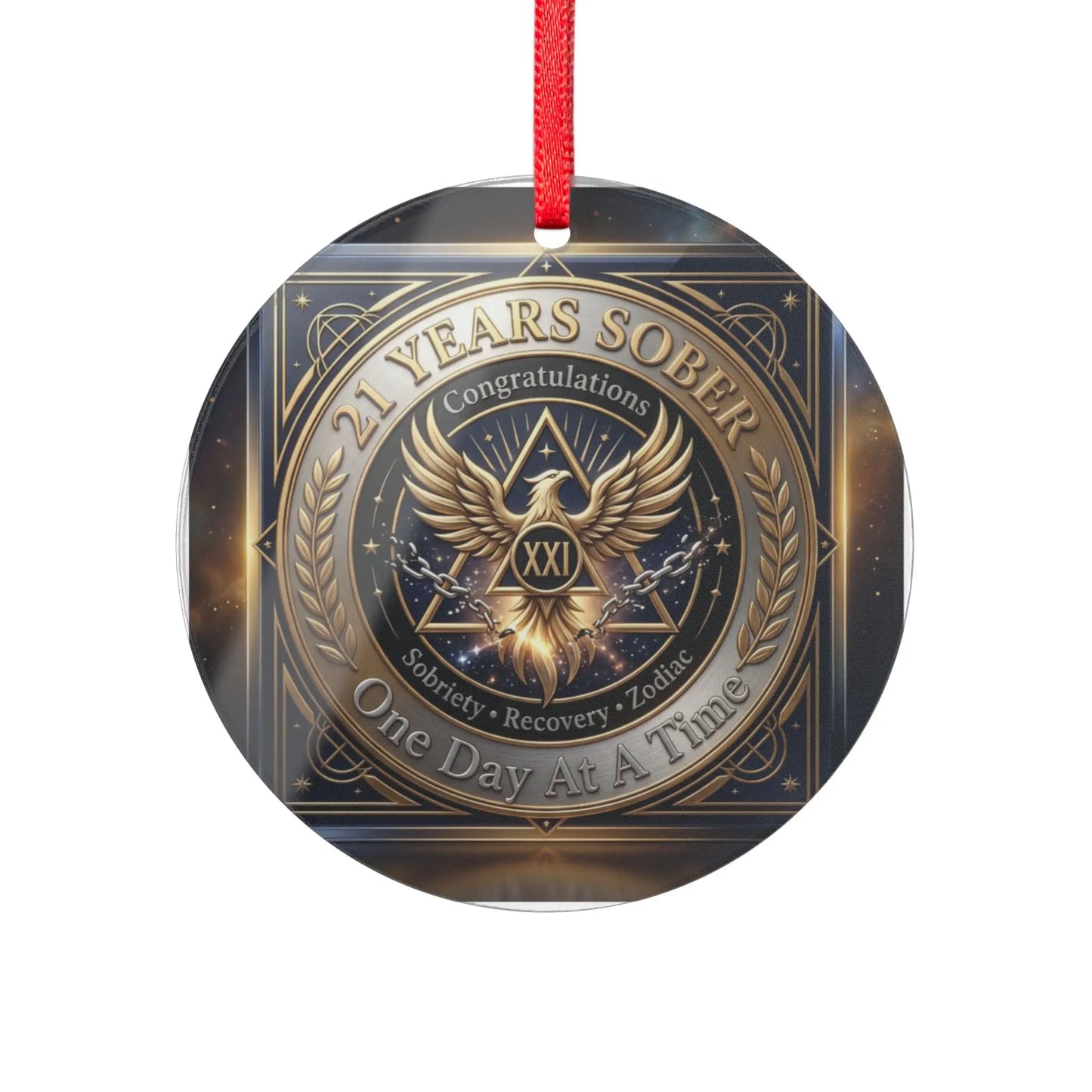 Round 21-year sobriety milestone acrylic tree ornament, clear metallic-style printing, perfect recovery support gift available for US domestic delivery.