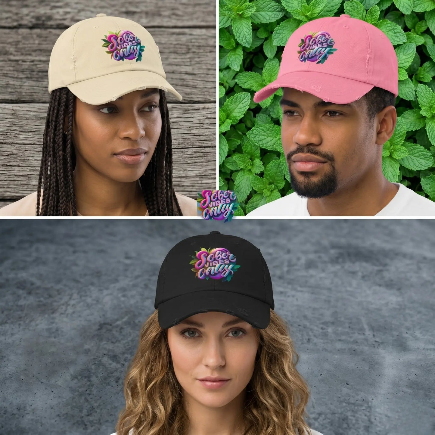 Three people wearing Trucker Hat with a colorful logo on a collage of different backgrounds.