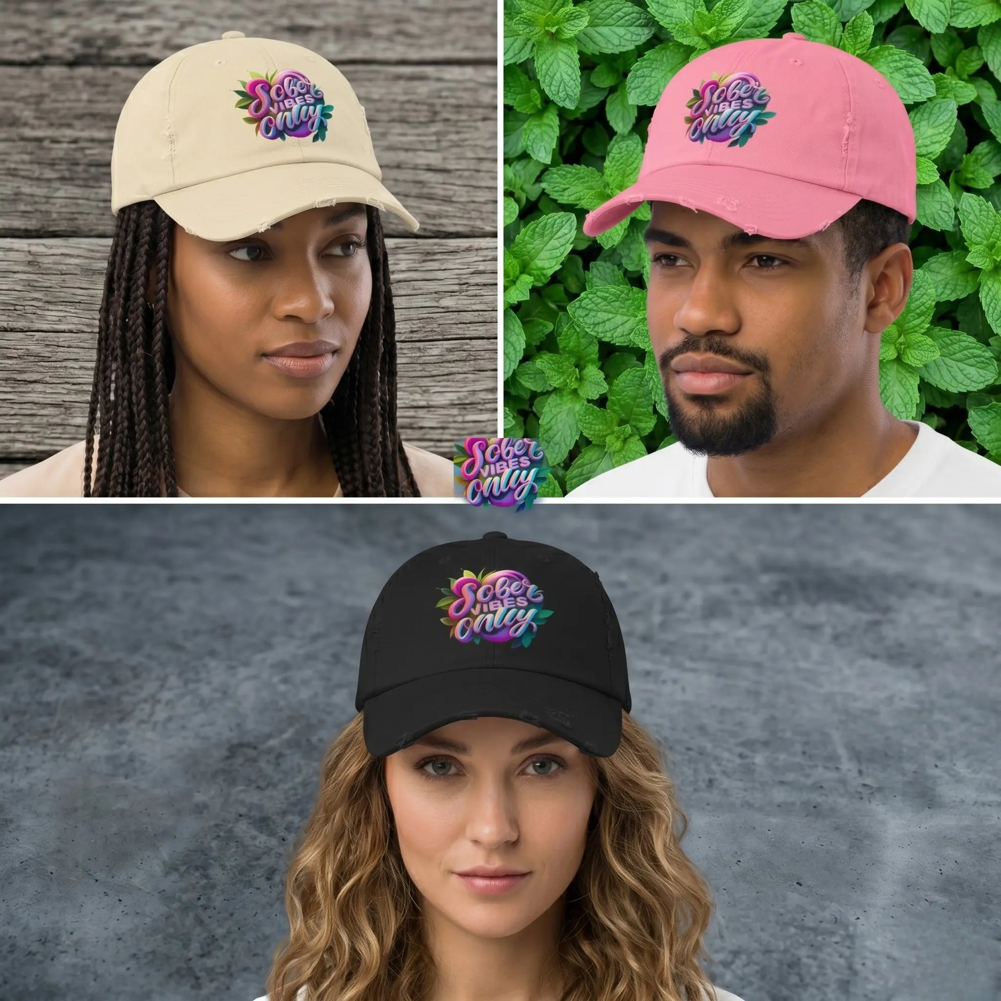 Three people wearing Trucker Hat with a colorful logo on a collage of different backgrounds.