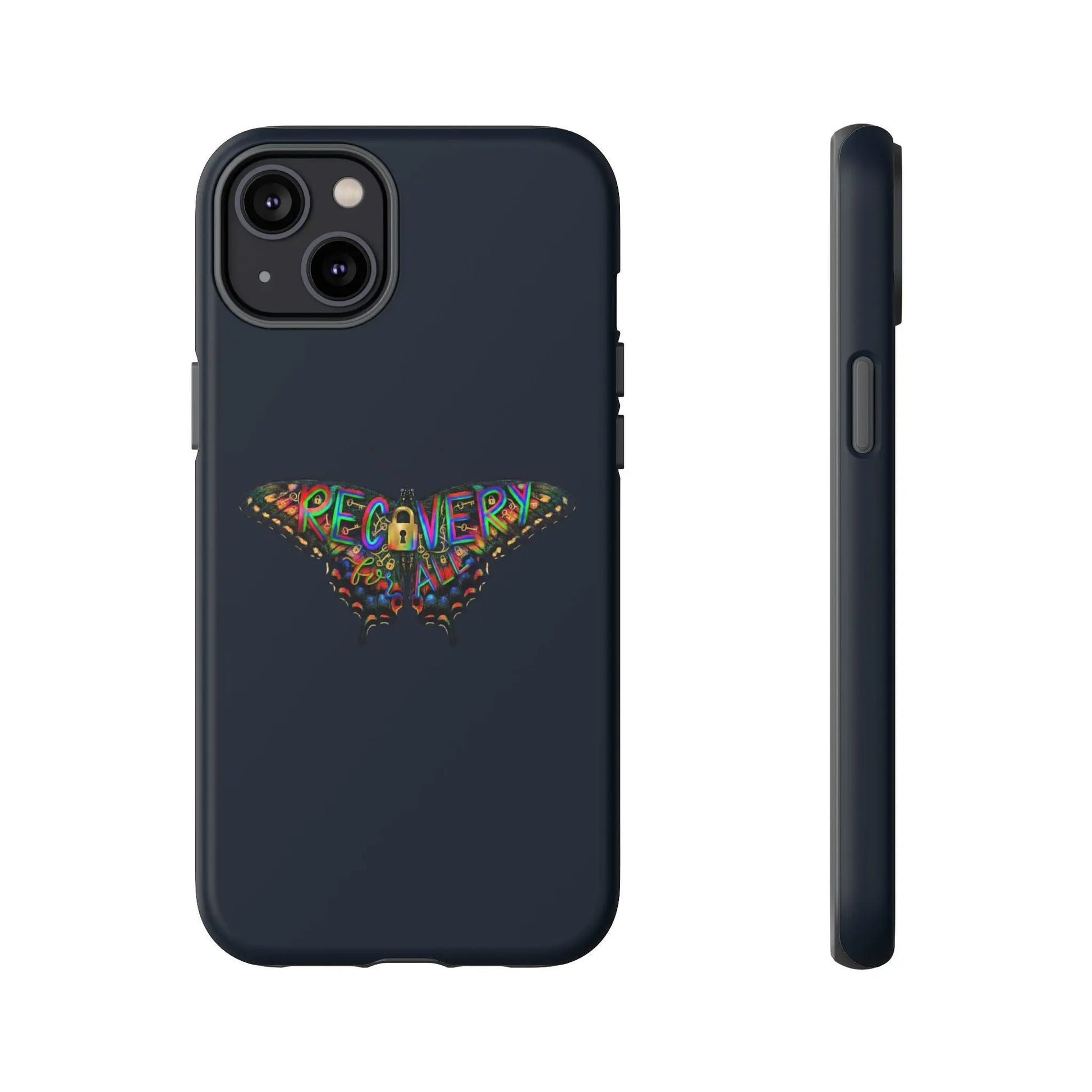 Black phone case with colorful 'RECOVERY' design on a white background