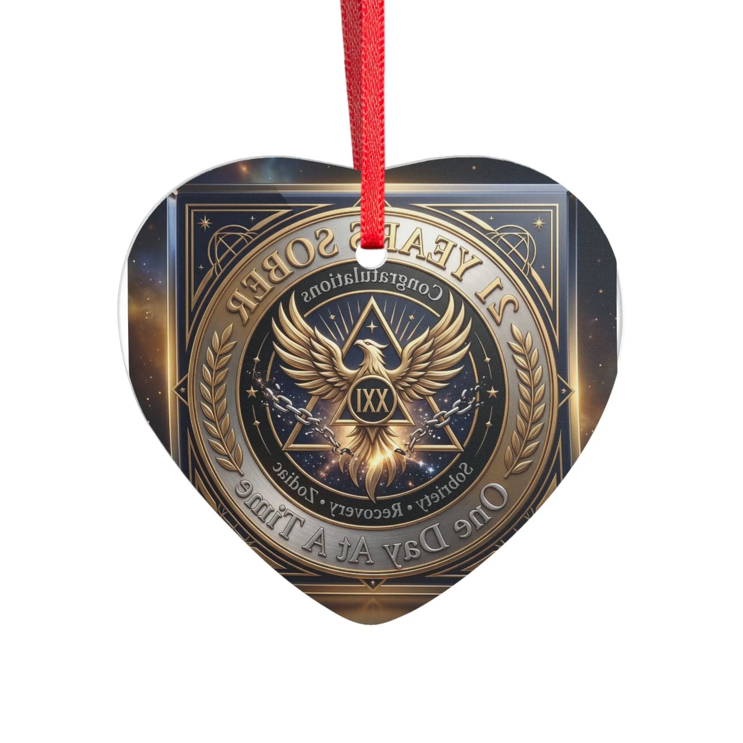 Heart-shaped 21year sobriety milestone acrylic ornament, clear metallic-style printing, perfect recovery support gift available for US domestic delivery.