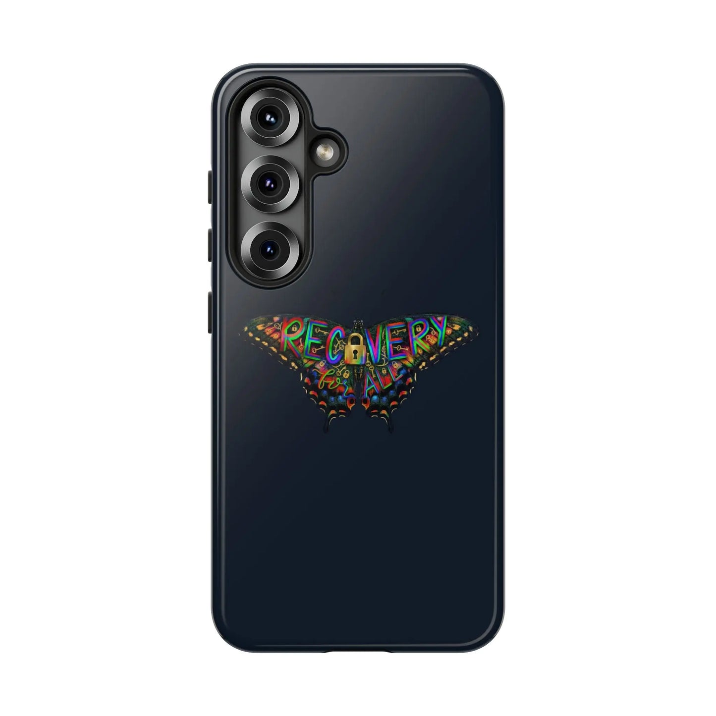 Black phone case with colorful 'Recovery' design on a white background