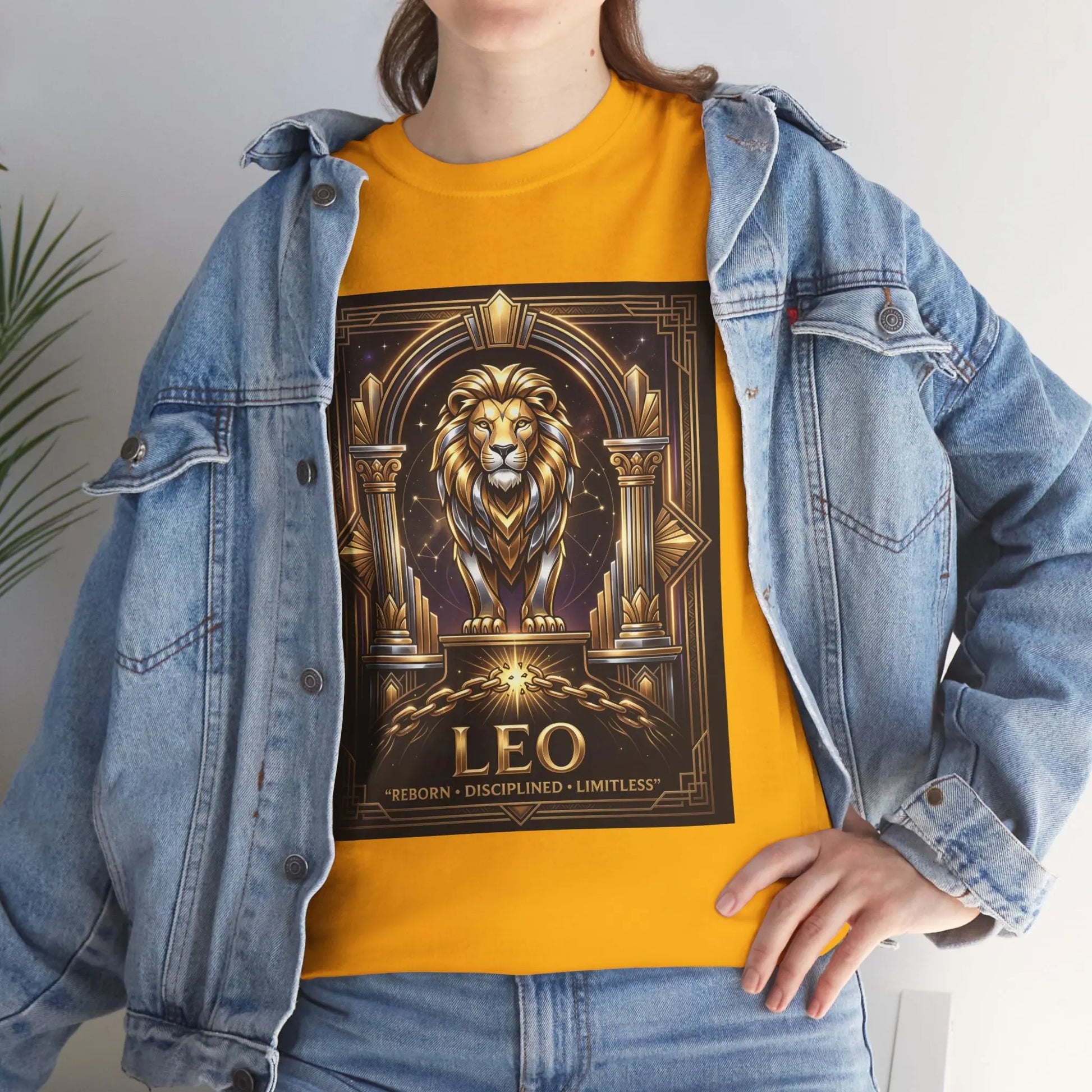 Leo Zodiac Lion T‑Shirt — Gold Heraldic Astrology Tee Printify