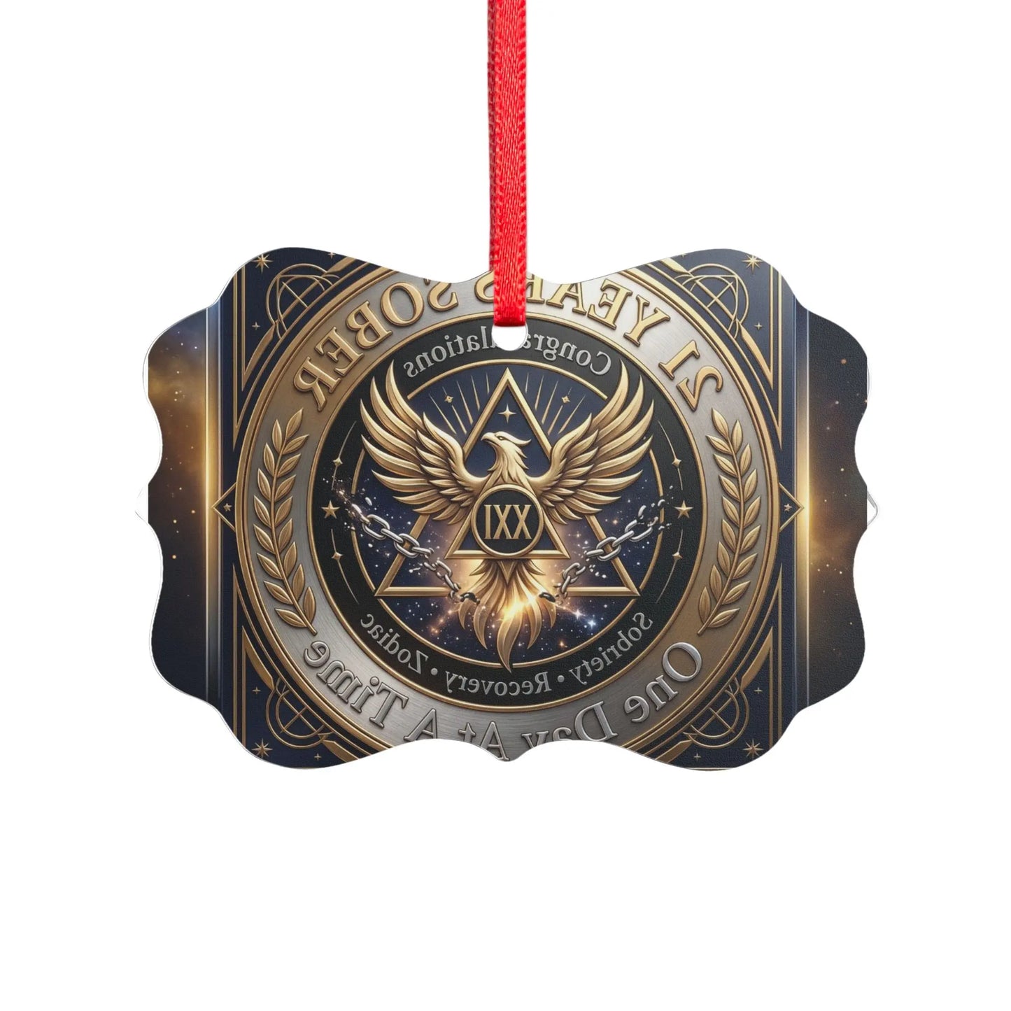 Medallion-shaped 21 Years Sober acrylic ornament with gold eagle design and red hanging ribbon, custom AA recovery anniversary milestone keepsake gift shipped across the USA.