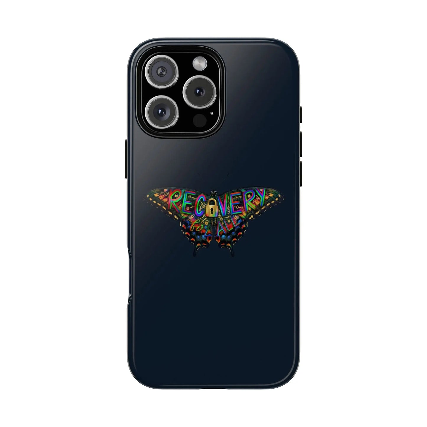 Black phone case with colorful 'RECOVERY' design on a white background
