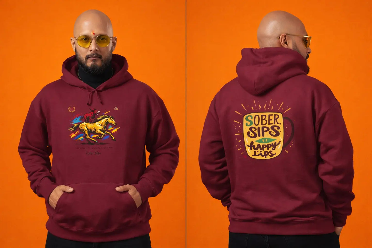 Horse Rider Graphic Hoodie — "SoberSips, Happy Lips" Coffee Backprint Printify