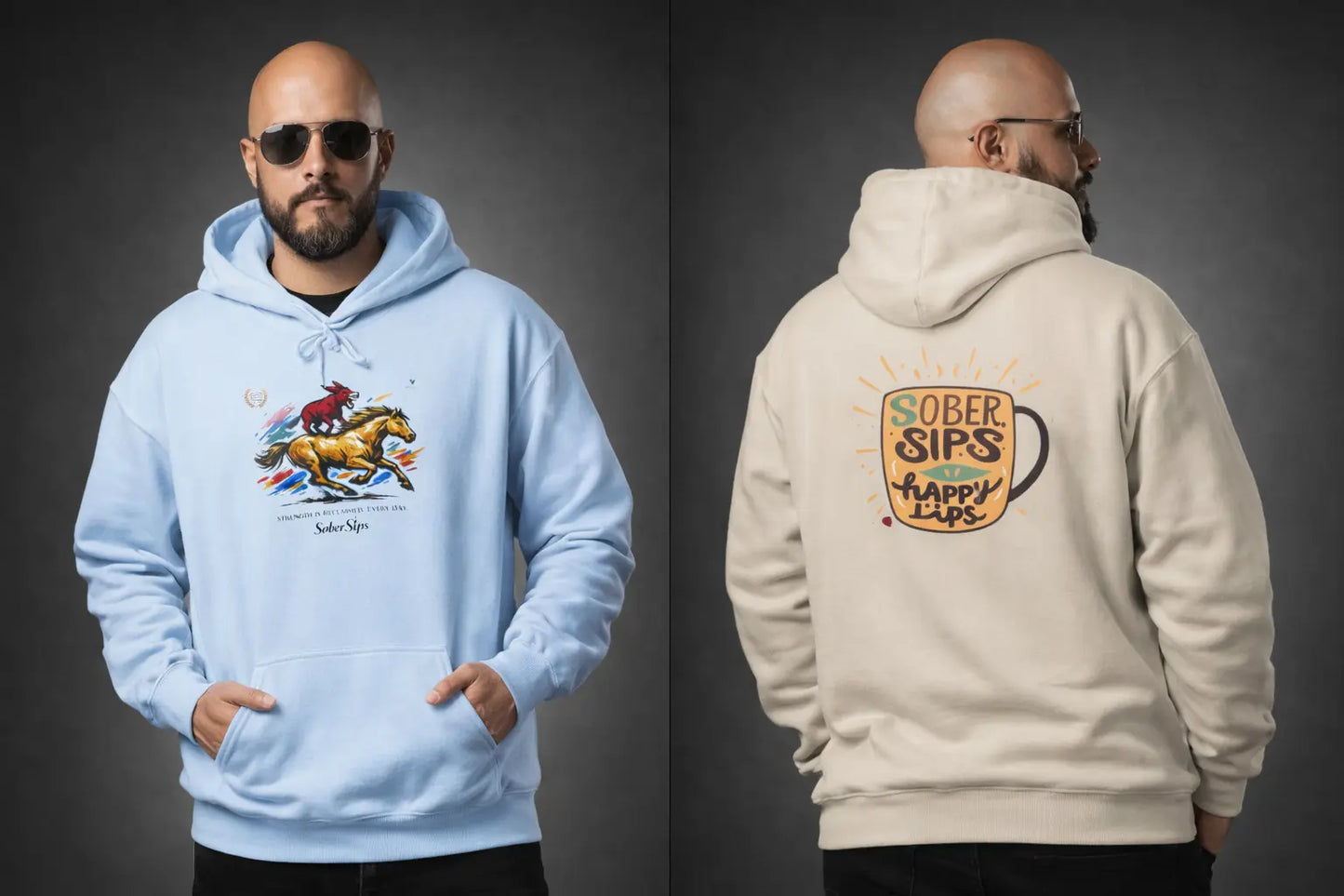 Horse Rider Graphic Hoodie — "SoberSips, Happy Lips" Coffee Backprint Printify