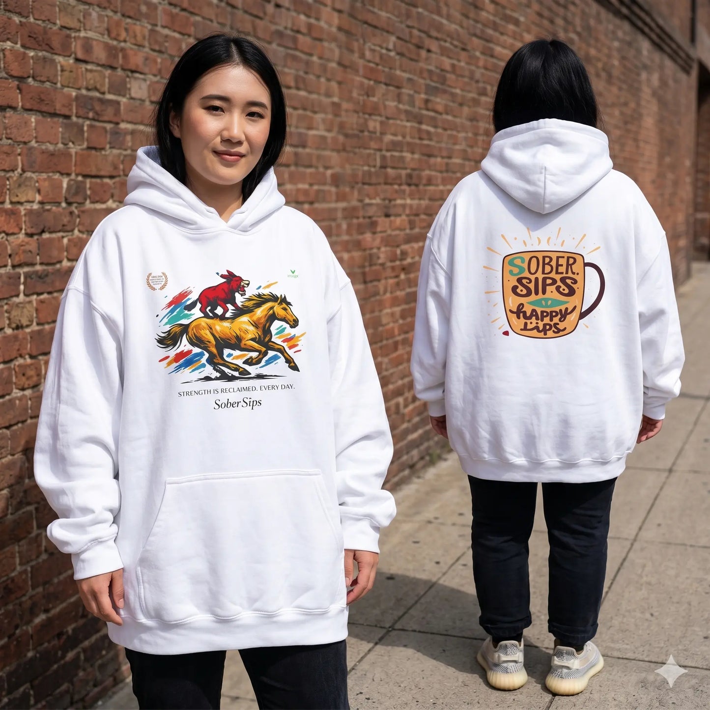 Horse Rider Graphic Hoodie — "SoberSips, Happy Lips" Coffee Backprint Printify