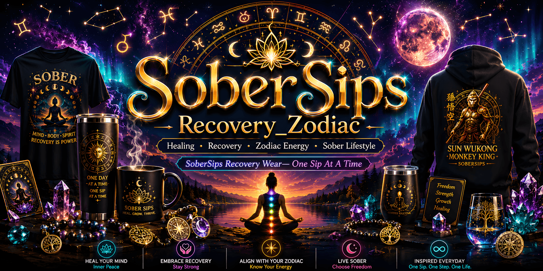 SoberSips Recovery Zodiac banner featuring premium sobriety milestone graphic t-shirts, a Sun Wukong recovery hoodie, customized astrology coffee mugs, and luxury zodiac drinkware surrounded by cosmic constellations and healing crystals.