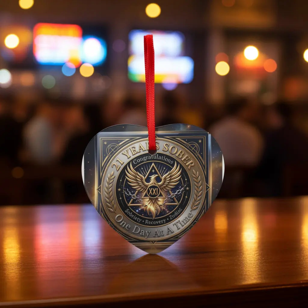 Medallion-shaped 21 Years Sober acrylic ornament with red ribbon on a wooden table with blurred bar bokeh lights, premium AA recovery anniversary milestone gift shipped in the USA.